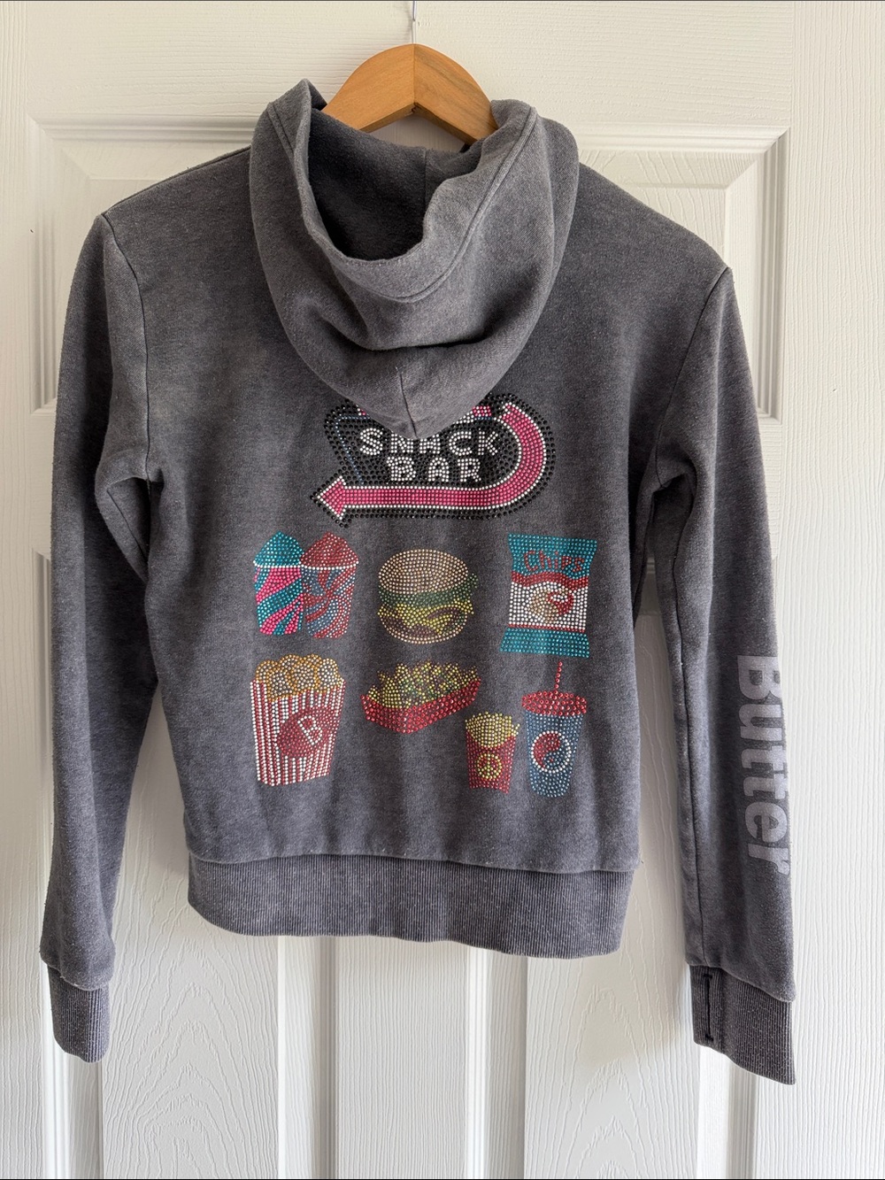 Butter Charcoal Gray Rhinestone 'Snack Bar' Graphic Cowl Hoodie Sweater